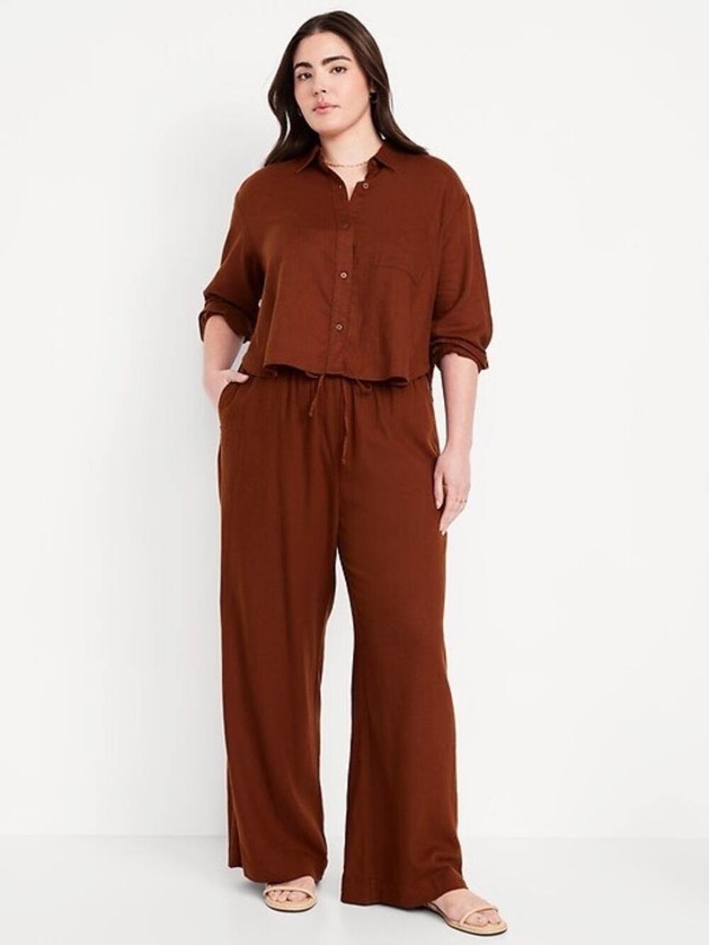 Old Navy High Waisted Linen Blend Wide Leg Pants Earthy Rust Brown Size 3X NEW